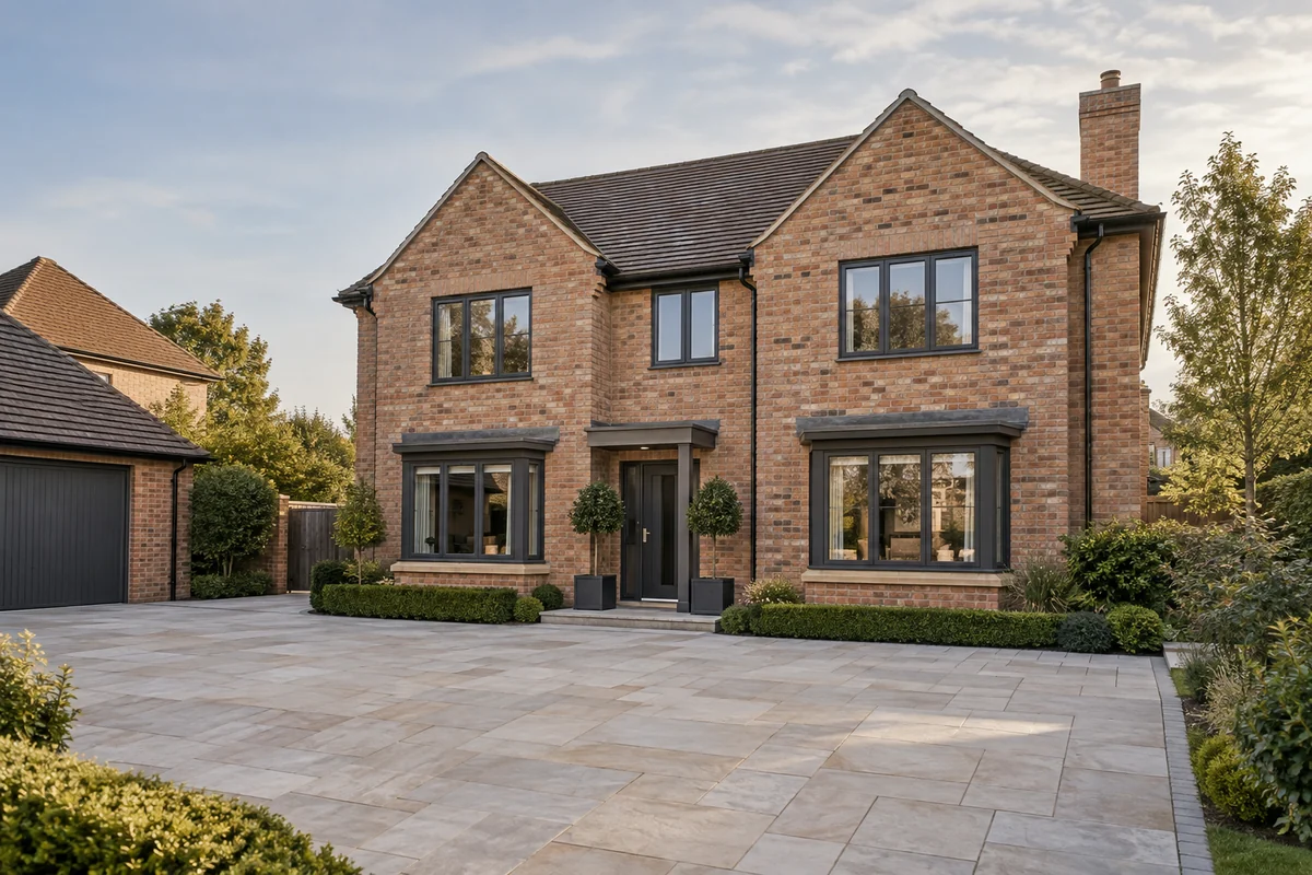 A well-kept British brick home with clean paving, windows and clipped garden planting