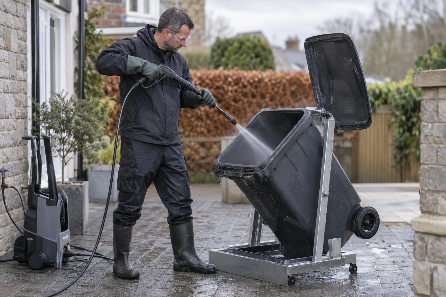 AI illustration: A cleaner washing a wheelie bin on a wash cradle