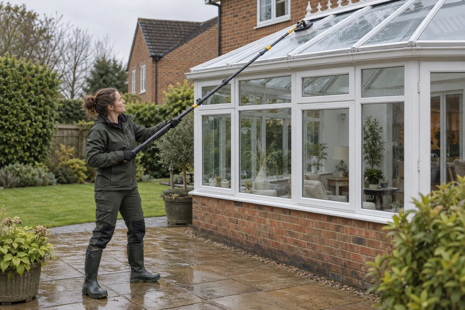 AI illustration: A cleaner using a water-fed brush pole on a conservatory roof from the ground