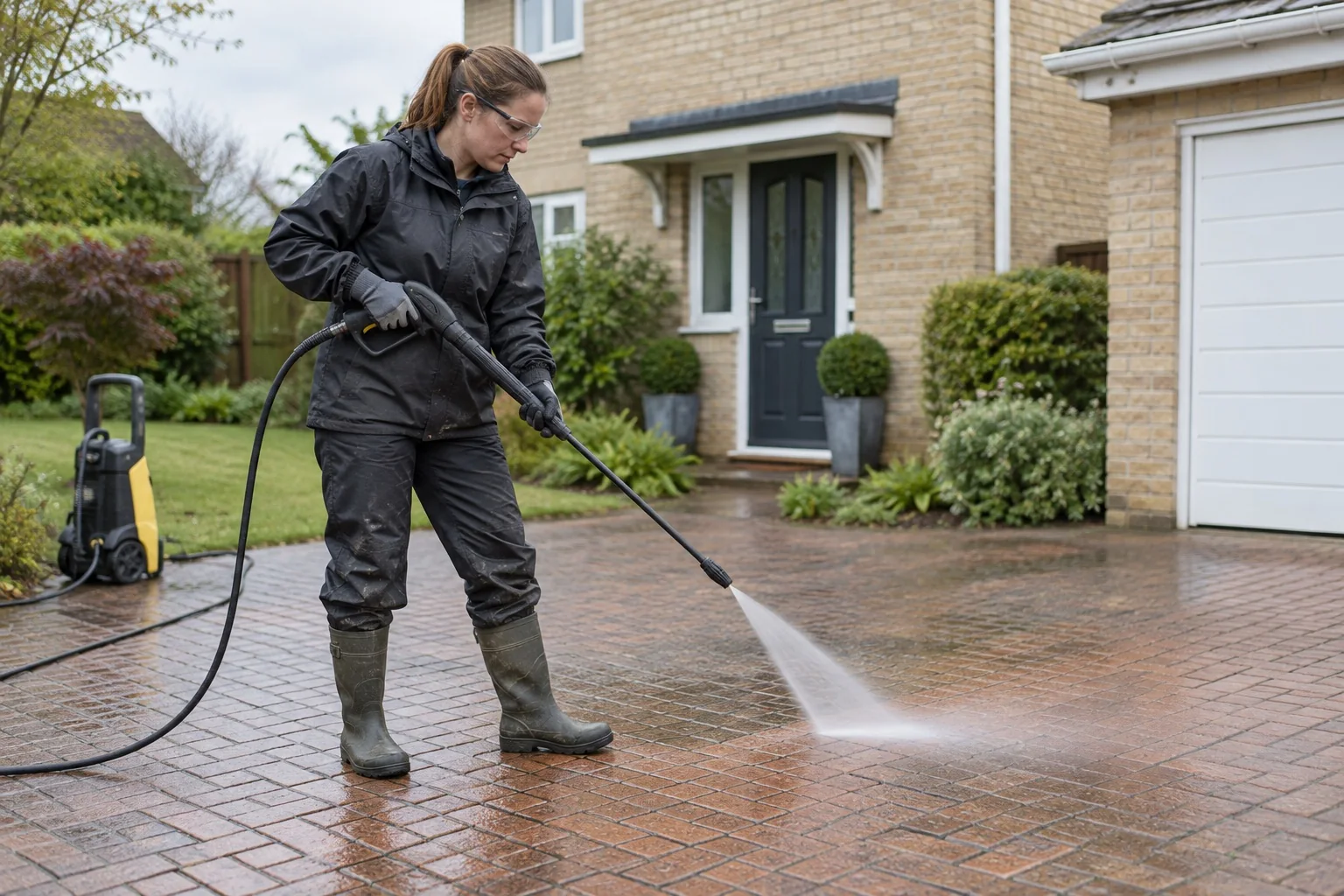 AI illustration: A cleaner washing a block-paved driveway