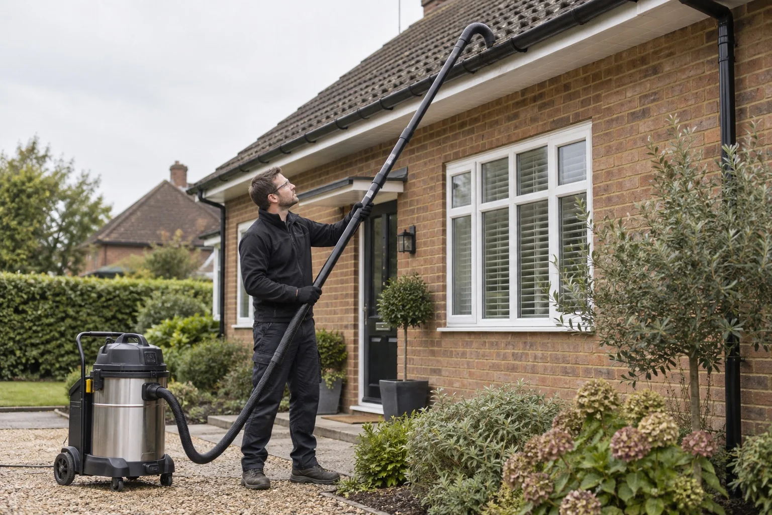 AI illustration: A cleaner using a ground-operated gutter vacuum beside a home