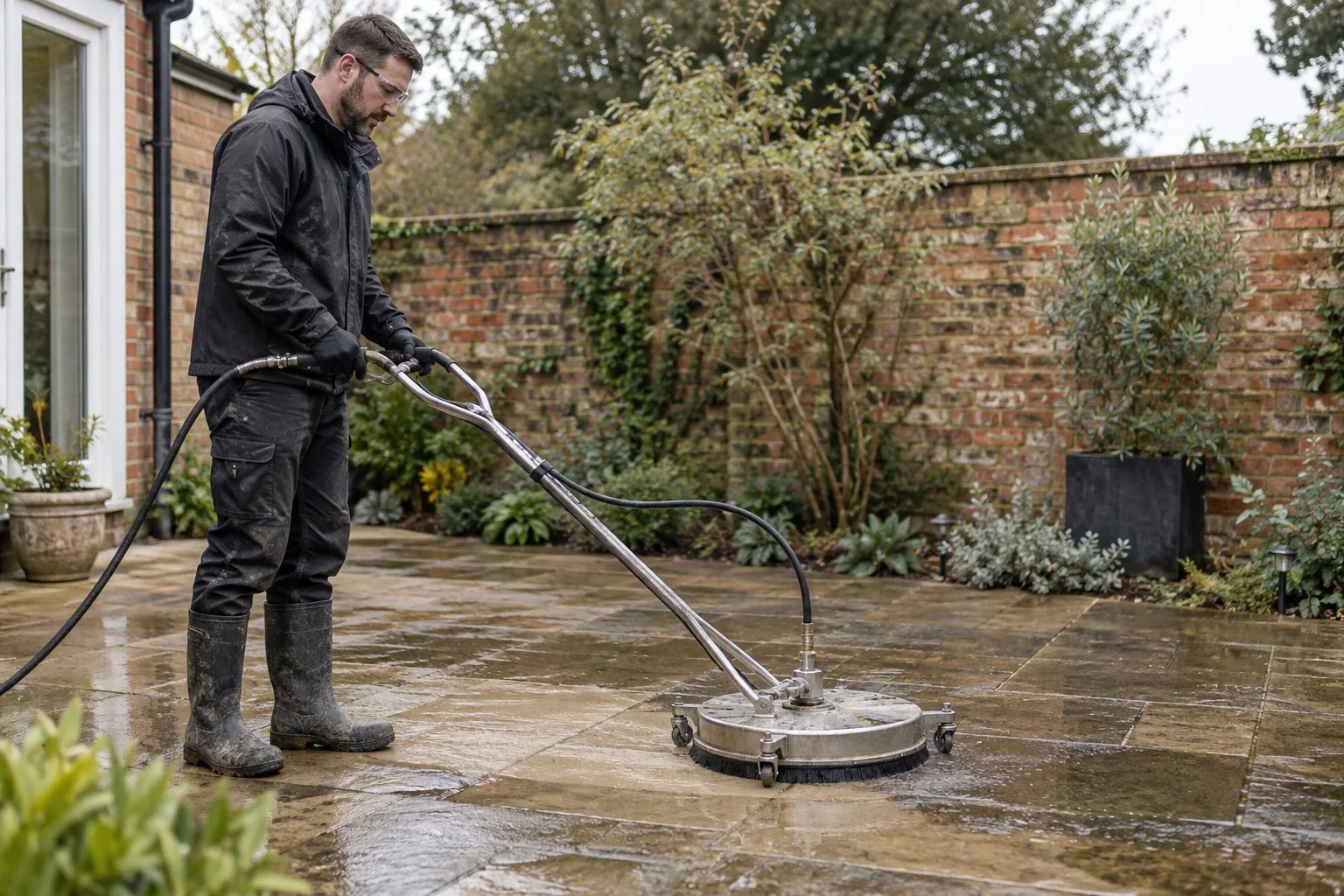 AI illustration: A cleaner using a rotary surface-cleaning machine on a stone patio