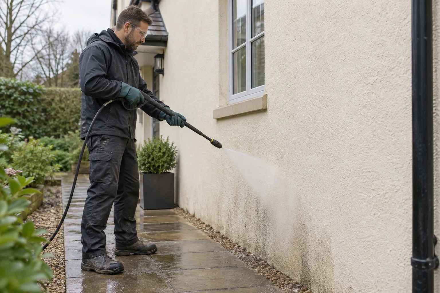 AI illustration: A cleaner gently washing a rendered exterior wall