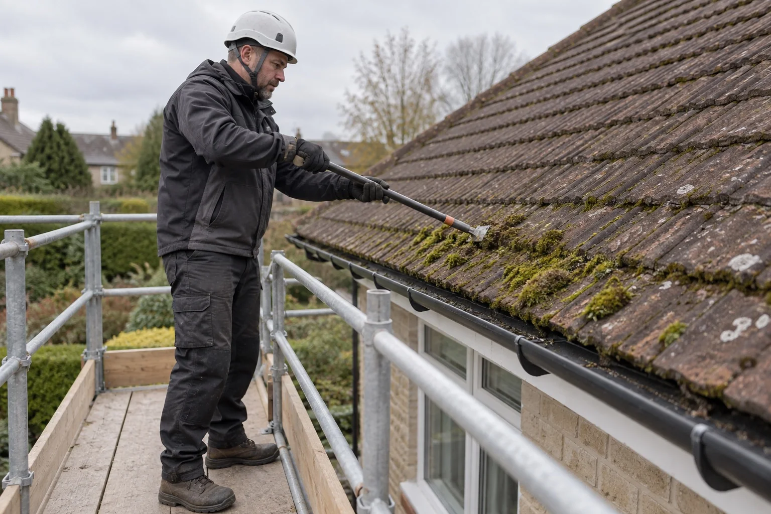 AI illustration: A cleaner removing roof moss from a guarded scaffold platform