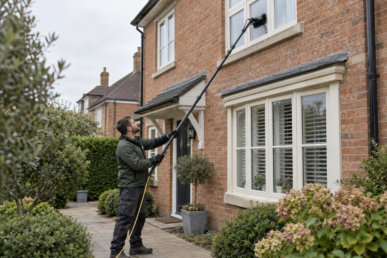AI illustration: A cleaner using a water-fed pole to clean an upstairs window from the ground
